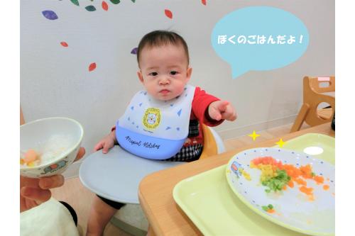 <span style='color:#ff3333;'>「ぼくのごはんだよ!」</span>と教えてくれているような表情<span style='color:#198cff;'>(*^^*)</span><br>離乳食もたくさん食べてくれていますよ<span style='color:#ff870f;'>♪</span><br><br>次回のブログもお楽しみに~<span style='color:#ff2dff;'>!</span>