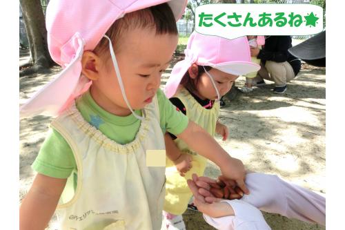 <span style='color:#ff007f;'>りすチーム（１歳児）</span>は<br>たくさん集めたどんぐりを先生に<br><span style='color:#00ff00;'>「どうぞ」</span>と渡してくれました<span style='color:#ffff00;'>♪</span><br>たくさん見つけて<br>大満足の様子です<span style='color:#ffff00;'>★</span>