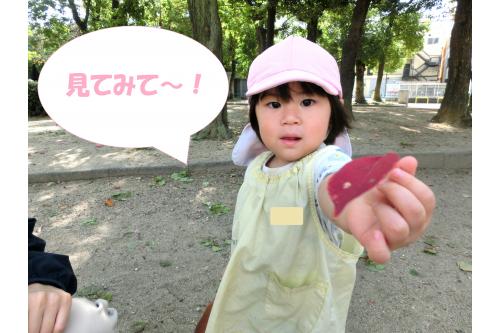 みんなの<span style='color:#42a0ff;'>大好きな公園</span>を<br>散策してみました♪<br><br>すると、、、<br><br><span style='color:#ff4242;'>赤い</span>綺麗な<span style='color:#ffa042;'>葉っぱ</span>を発見！<br><br>葉っぱを見つけたことが嬉しくて<br>「<span style='color:#ff42a0;'>せんせい！</span><span style='color:#ff42ff;'>みて！</span><span style='color:#ffa042;'>はっぱ！</span>」とたくさん<br><span style='color:#7fff00;'>お話</span>しながら見せてくれました(<span style='color:#ff007f;'>*</span>^^<span style='color:#ff007f;'>*</span>)<br>