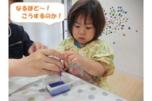 指先が器用になってきていて<br>なんでも<span style='color:#00ff00;'>「やってみる!」</span>と<br>好奇心旺盛な子どもたち!<br><br>スポイトに挑戦し<br>絵の具で半紙に色をつけてみました<span style='color:#ffff00;'>(^^♪</span><br>保育者と一緒にしてみると<br><span style='color:#ff007f;'>「おぉ~」</span>とすぐにマスターし…<br>