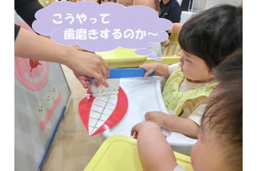 <span style='color:#ffa042;'>ひよこチーム(0歳児)</span>は<br>先生と一緒に歯ブラシを持って<span style='color:#5badff;'>シャカシャカ~♪</span><br><br><span style='color:#42ffa0;'>上手に</span>磨くことができました!<br><br>歯は失ってしまうと<br>再生できない<span style='color:#ff5b5b;'>一生もの</span>です。<br><br>毎日歯磨きをしっかりとして<br><span style='color:#ff42ff;'>歯を大切に</span>していきたいですね(<span style='color:#ff42a0;'>*</span>^^<span style='color:#ff42a0;'>*</span>)<br><br>次回のブログもお楽しみに~<span style='color:#ffff42;'>★</span>