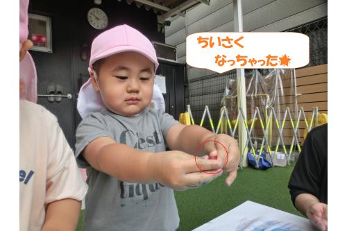 手で触っているとだんだん<br>小さくなる氷…<br><br><span style='color:#ff007f;'>「なんで小さくなっちゃうんだろう?」</span><br><span style='color:#ff7f00;'>「遊んでたらなくなっちゃうから?」</span><br>と溶けていく氷を観察していると<br><br><span style='color:#7f00ff;'>「溶けたら水になった!」</span>と<br>新しい発見を教えてくれました<span style='color:#ff7f00;'>♪</span>