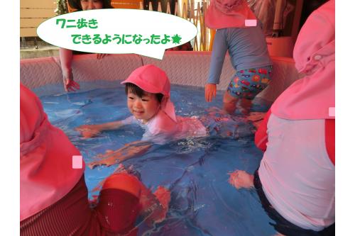 <span style='color:#ff7f00;'>うさぎチーム(2歳児)</span>は<br>ワニ歩きを習得!<br><br>顔が水に浸かったら危ないから<br>しっかり上げてね!<br>という<span style='color:#7f00ff;'>お約束</span>を守って<br>楽しんでいます<span style='color:#00ffff;'>(^^♪</span><br>スイスイ泳いで<br><span style='color:#00ff00;'>「お兄さんお姉さんになったから<br>泳げるんだ~」</span>と得意げです!<br>