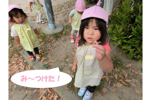落ち葉に紛れて<br>落ちているドングリを探したのですが<br><span style='color:#7f00ff;'>「どこだ~?」</span>と<br>みんなで探す姿は<br>とっても<span style='color:#ff007f;'>かわいかった</span>です!<br><br>見つけると<br><span style='color:#ff7f00;'>「あった!」</span><br><span style='color:#00ff00;'>「ここにもある~!」</span>と<br>見せてくれました<span style='color:#007fff;'>♪</span>
