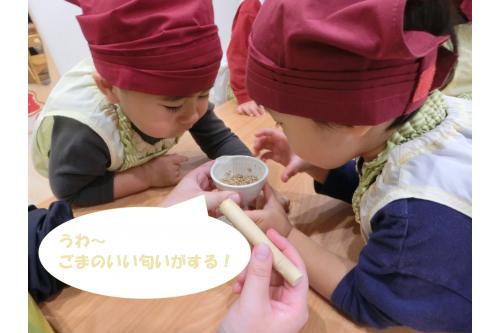 すり潰せば潰すほど<br>ごまの<span style='color:#6bffb5;'>いい香り</span>が<span style='color:#7070ff;'>部屋中</span>に<br>広がっていました<span style='color:#70ff70;'>♡</span><br><br>あまりのいい匂いに<br>子ども達もお腹が空いてきたようで<br>「<span style='color:#ff66ff;'>いいにお~い</span>」<br>「<span style='color:#ff5b5b;'>はやくたべた~い</span>」<br>という声が色々な所から<br>聞こえてきました<span style='color:#ff0582;'>!!</span>