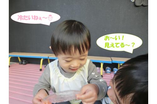 とっても<span style='color:#0000ff;'>透明な氷</span>できたので<br>思わず反対から覗き込んだり…<br><br><span style='color:#007fff;'>手は冷たい</span>はずなのに<br>夢中になって氷を見ていました!<br>