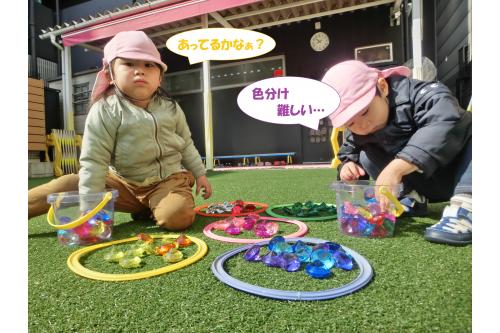 子ども達だけであそびを発展させてくれることも多く<br>フープとキラキラ光る宝石の玩具を用意すると<br><span style='color:#ff7f00;'>「色に分けてみようよ!」</span>と<br>黙々と色分け<span style='color:#ffff00;'>★</span><br>自分たちでルールを作って<br><span style='color:#7f00ff;'>「この色はどっちがいいかなぁ?」</span>と<br>相談して遊ぶ姿も増えました!<br>