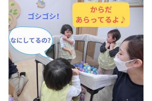 ボールを「<span style='color:#ff7abc;'>じゃ~♪</span>」と出すと<br>「キャハハハ<span style='color:#ff7aff;'>♥</span>」と<span style='color:#ff7aff;'>大喜び</span>の子どもたち<span style='color:#ff0000;'>!</span><br><br><span style='color:#ff7aff;'>うさぎチーム</span>の<span style='color:#7a7aff;'>お兄ちゃん</span>・<span style='color:#ff7abc;'>お姉ちゃん</span>が<br><span style='color:#b266ff;'>ごっこ遊び</span>を始めると<br><span style='color:#ffbc7a;'>りすチーム</span>のお友だちも一緒に…<span style='color:#7affbc;'>(笑)</span><br><br>いろいろなことに<span style='color:#4cffff;'>興味津々</span>です<span style='color:#ff7a7a;'>♪</span>