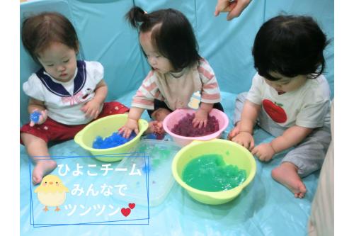 初めての<br>感触遊びだった<br><span style='color:#9eff3d;'>ひよこチーム</span>(0歳児)も<br>最後には寒天が<span style='color:#ff3399;'>全身</span>に<br>つくくらい<span style='color:#ff3333;'>楽しんで</span>いました♡<br>