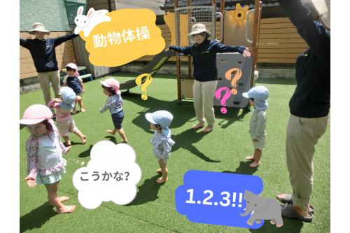 まずは、<span style='color:#ff2dff;'>入水前の準備体操</span><br>『どうぶつ体操 <span style='color:#ff2d2d;'>1</span>.<span style='color:#2d2dff;'>2</span>.<span style='color:#2dff96;'>3</span> !!』<br><br>今年度は<span style='color:#9bff38;'>初めての体操</span>なので<br><span style='color:#9933ff;'>じっくり観察</span>する姿もあり、<br><span style='color:#ff9e3d;'>まねっこ</span>する姿もあり♪<br><br><br>次回の<span style='color:#3399ff;'>プール遊びブログ</span>では<br>しっかり<span style='color:#33ff33;'>体操する姿</span>に<br><span style='color:#ff9e3d;'>乞うご期待!?</span>
