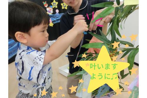 そして実際に自分たちで<br>作った<span style='color:#ba75ff;'>七夕飾り</span>を<span style='color:#75ff75;'>笹に飾りました♪</span><br><span style='color:#75baff;'>“どこにかざろうかな~”</span><span style='color:#75baff;'>“短冊の横にかざろう!”</span><br>と自分たちの思い思いの<br>場所に飾りましたよ<span style='color:#ff7575;'>♥</span>