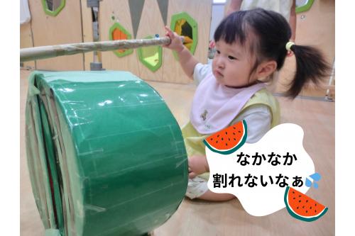 <span style='color:#ff962d;'>ひよこチーム(0歳児)</span>も挑戦!<br><br>直接手で割るお友だちがいたり<br><span style='color:#2dffff;'>りすチーム(1歳児)</span>や<span style='color:#ff2dff;'>うさぎチーム(2歳児)</span>の<br>姿を見て真似して<br>棒を握ってみたりと<br>それぞれの<span style='color:#ff3838;'>楽しみ方</span>を<br>していましたよ<span style='color:#ff2828;'>♥</span>