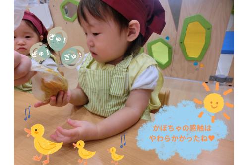 袋に入れてかぼちゃを<br><br><span style='color:#ffb770;'>もみもみ♪</span><br><br><span style='color:#ffbc7a;'>ひよこチーム（０歳児）</span>のお友だちも<br>簡単な作業で<br><span style='color:#ff70ff;'>クッキングに参加できています♥</span><br><span style='color:#75ff75;'>柔らかい感触</span>を<br>楽しんでいましたよ<span style='color:#70ffff;'>( ^^)</span>