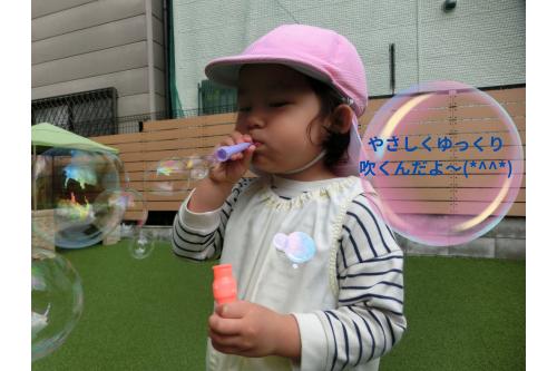 <span style='color:#ff7f00;'>うさぎチーム(2歳児)</span>は<br>少し難しいタイプのしゃぼん玉にも挑戦。<br><br>はじめは<span style='color:#0000ff;'>苦戦</span>していましたが<br><span style='color:#ff007f;'>優しくゆっくり吹いて</span>ごらんと伝えると<br>コツを掴んだのかたくさんしゃぼん玉が。<br>